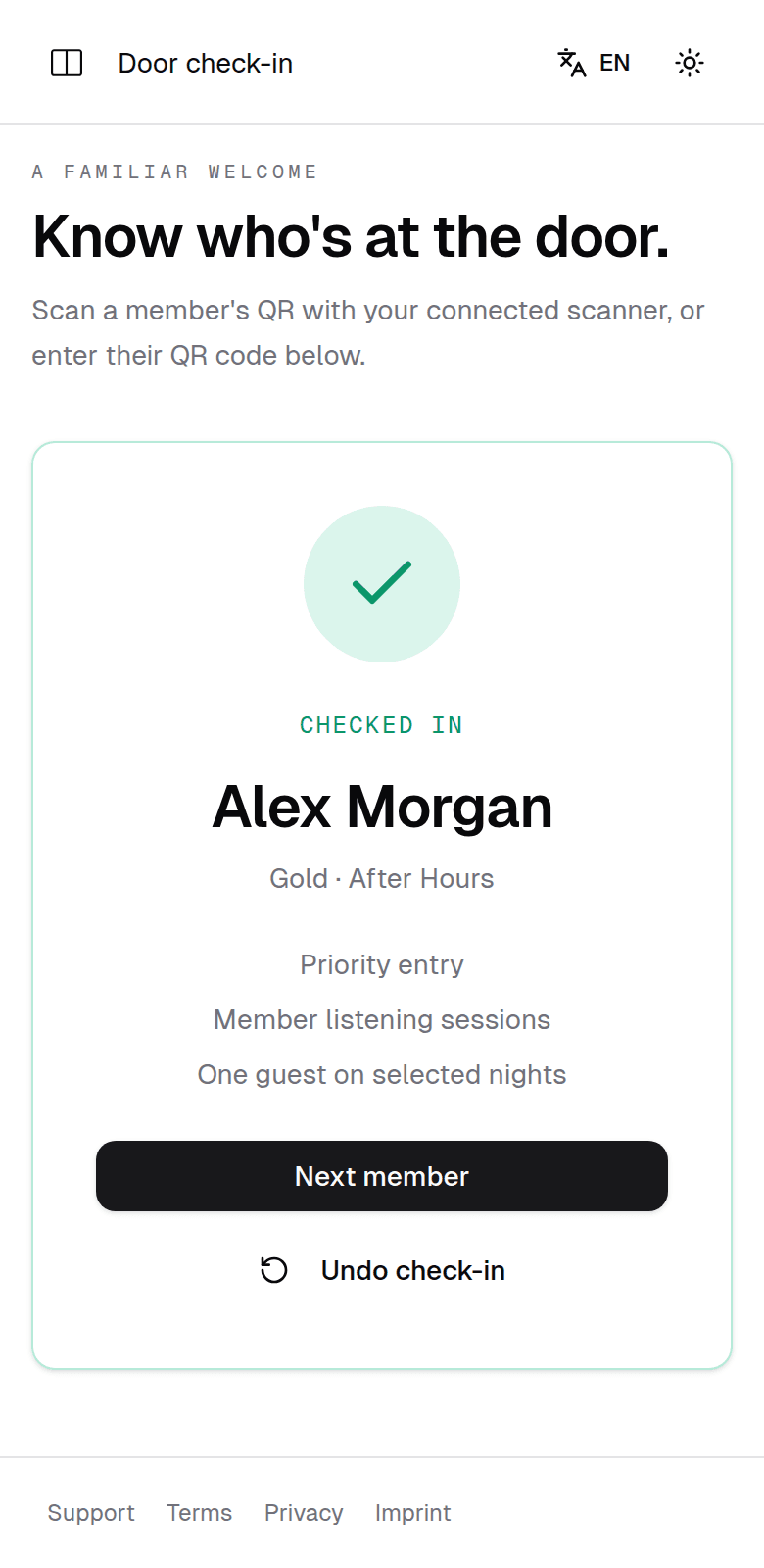Door check-in · club team view